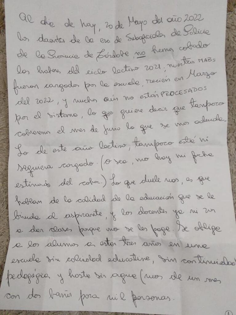 La carta que denuncia graves falencias en la Escuela de Suboficiales de la Policía