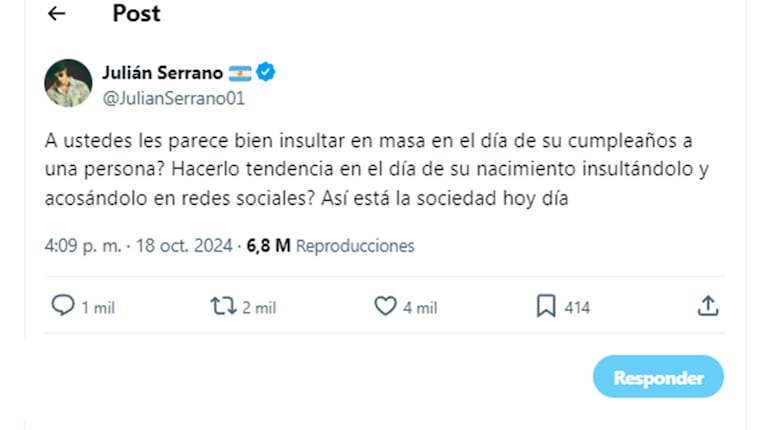 La categórica decisión de Julián Serrano tras el hate por su mensaje sobre la muerte de Liam Payne