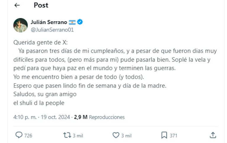 La categórica decisión de Julián Serrano tras el hate por su mensaje sobre la muerte de Liam Payne