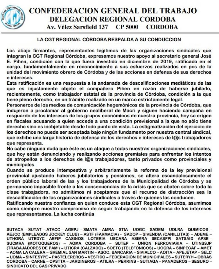 La CGT Córdoba respaldó a Pihen tras la polémica jubilación