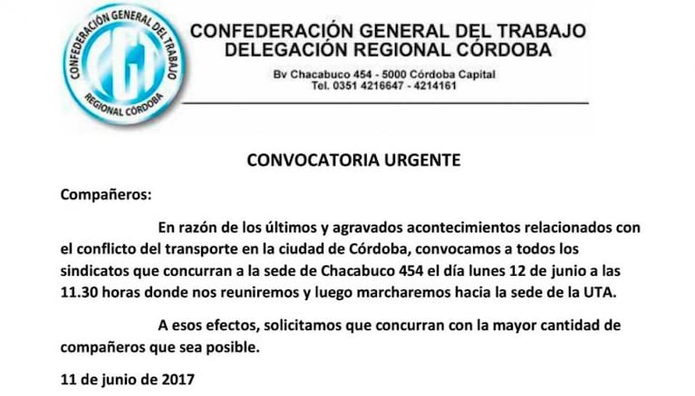 La CGT Córdoba y gremios K marcharán en apoyo a los choferes