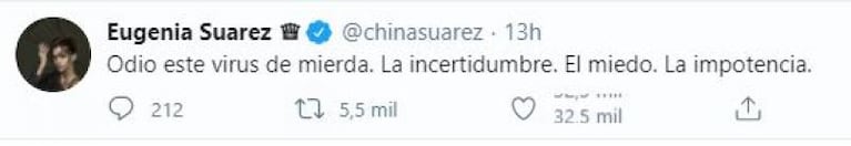 La China Suárez indignada con el coronavirus