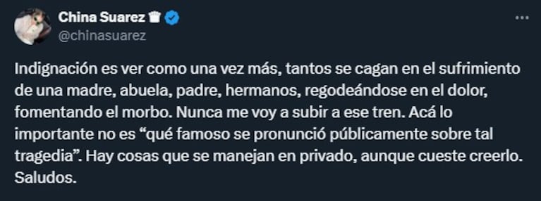 La China Suárez reaccionó a las críticas por su posteo tras la muerte de la nieta de Cris Morena
