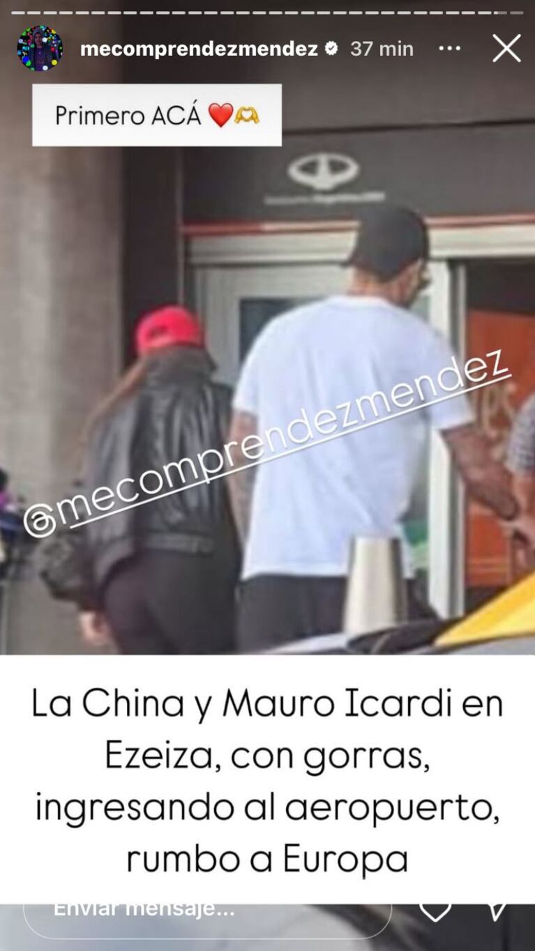 La China Suárez y Mauro Icardi en el Aeropuerto Internacional de Ezeiza (Foto: Instagram/@mecomprendezmendez)