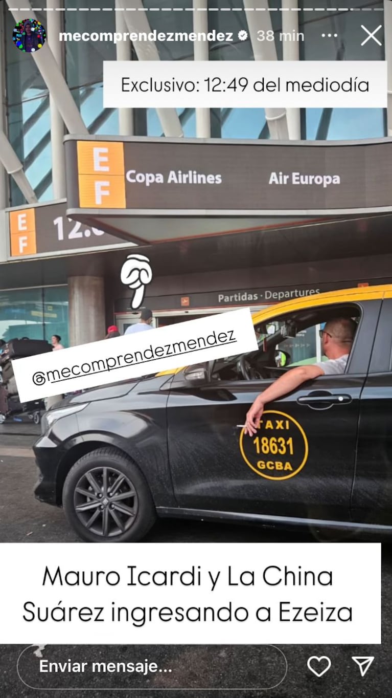La China Suárez y Mauro Icardi en el Aeropuerto Internacional de Ezeiza (Foto: Instagram/@mecomprendezmendez)