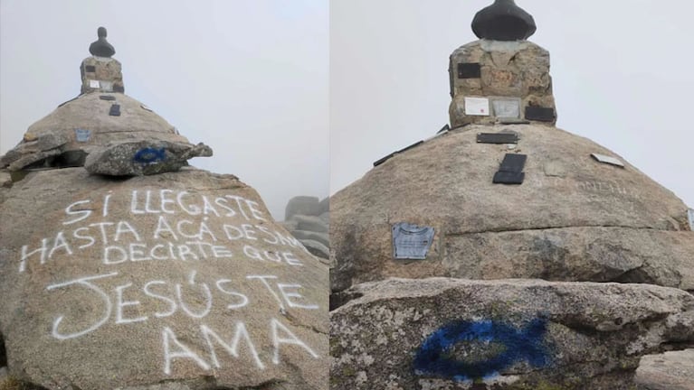 La cima del Cerro Champaquí, vandalizada con mensajes religiosos.