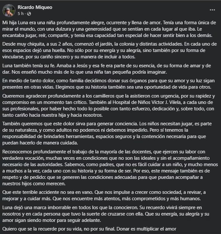 La conmovedora decisión de la familia de la nena que murió tras golpearse la cabeza en la escuela