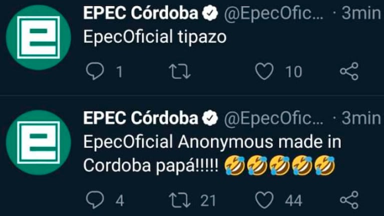 La cuenta oficial de EPEC sufrió un hackeo en plena madrugada. 