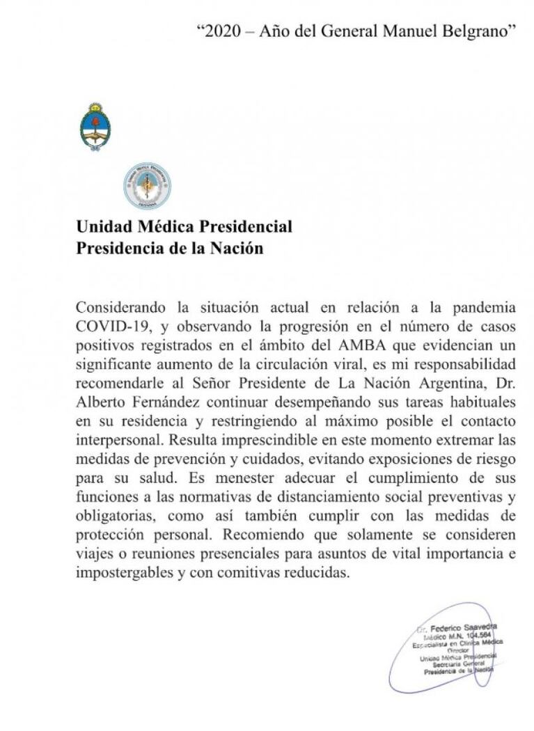 La decisión de Alberto Fernández tras la recomendación del médico presidencial