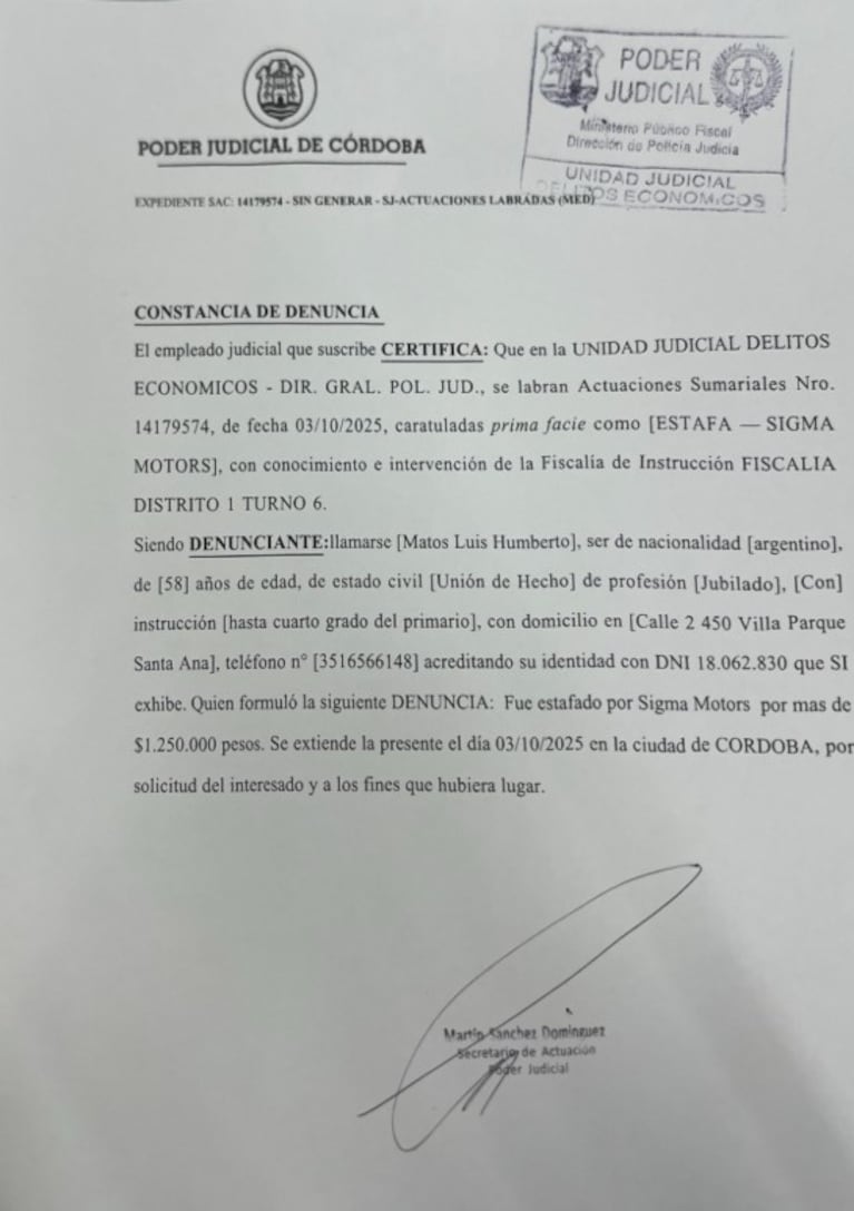 La denuncia judicial que hicieron el viernes 3 de octubre.