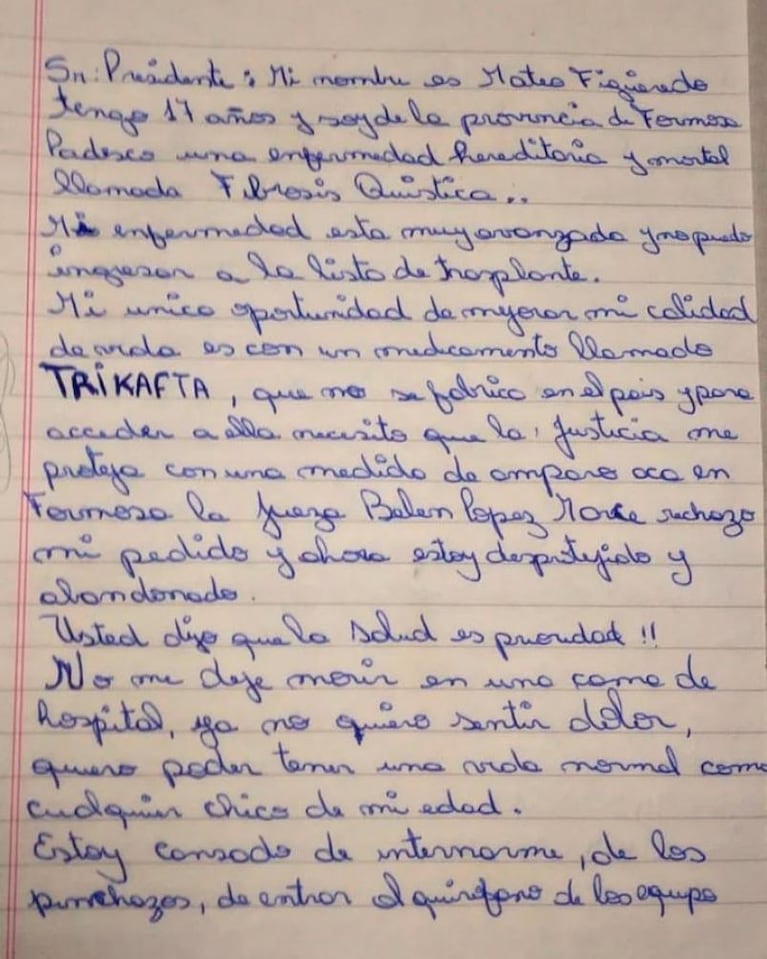 La desgarradora carta de Mateo para pedir un remedio: “Señor presidente, no me deje morir”