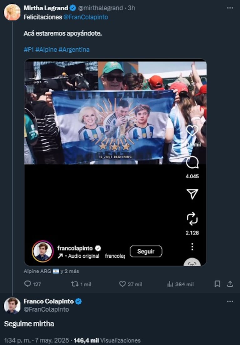 La desopilante respuesta de Colapinto al tuit de la cuenta de Mirtha Legrand.