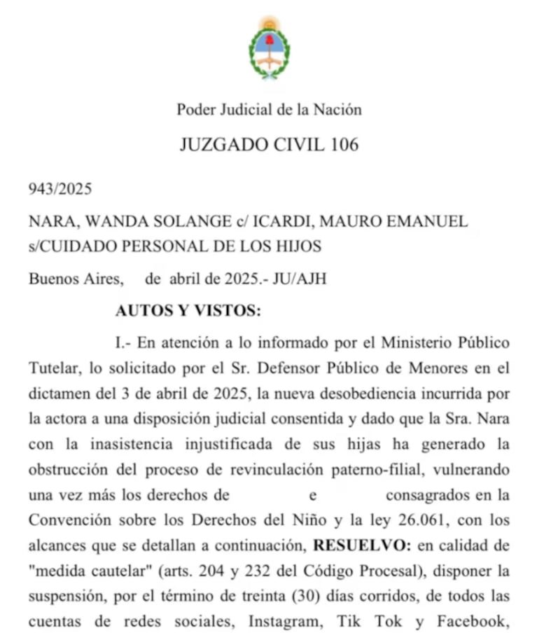 La determinante medida de la Justicia contra Wanda Nara por no revincular a sus hijas con Icardi