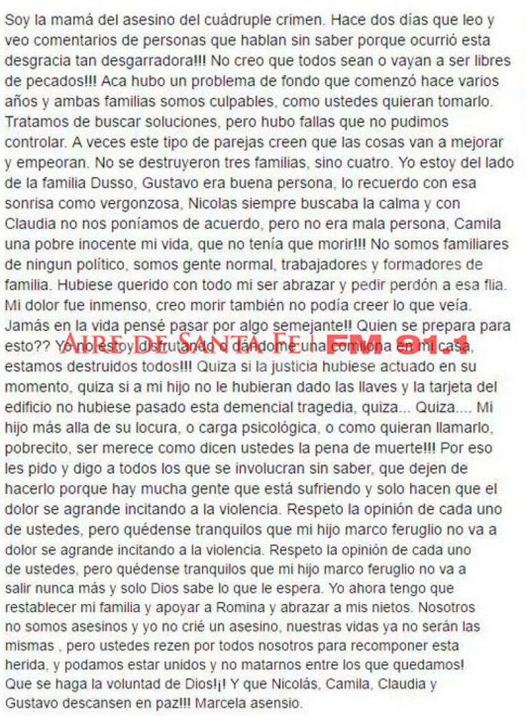 La dolorosa carta de la madre del acusado del cuádruple crimen