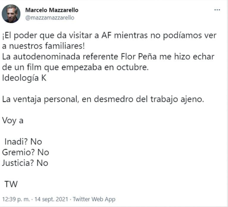 La dura denuncia de Marcelo Mazzarello contra Flor Peña