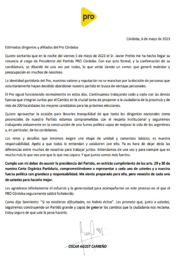 La dura respuesta del PRO Córdoba tras la alianza de su presidente con el peronismo