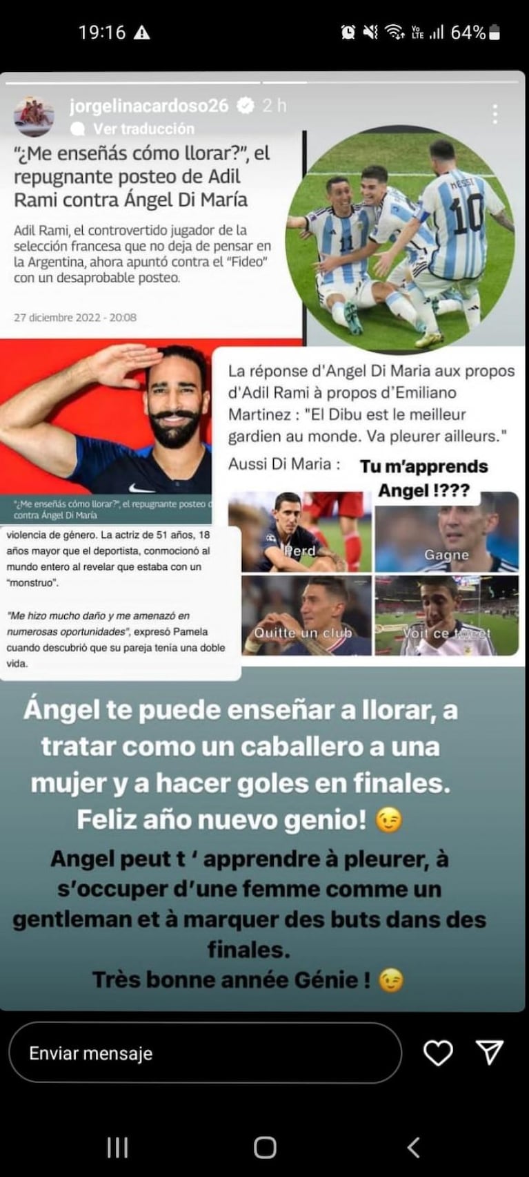 La esposa de Di María fusiló al francés que critica a la Selección: "Feliz año nuevo, genio"