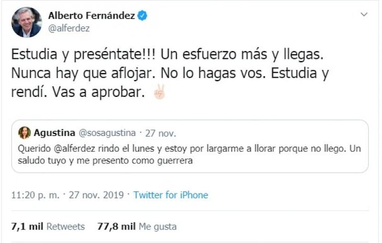 La estudiante cordobesa que aprobó gracias a Alberto Fernández fue a visitarlo a la Casa Rosada