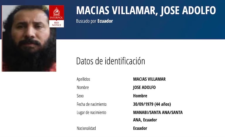 La ficha roja que difundió Interpol para encontrar al narco ecuatoriano Fito Macías