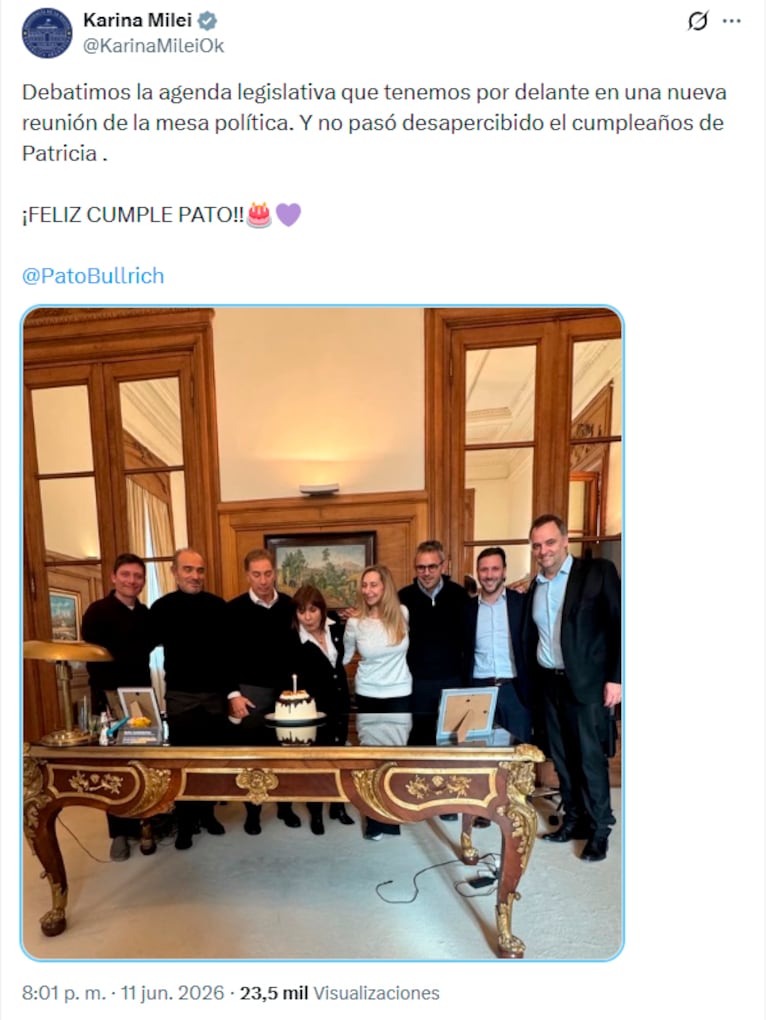 La foto de Bullrich con su torta de cumpleaños y el guiño de Karina Milei tras las críticas a Adorni
