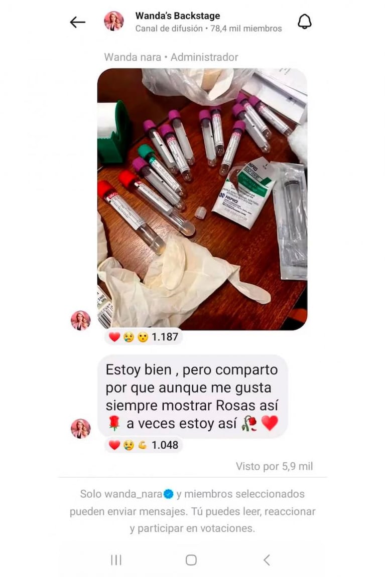 La foto de Wanda Nara entre jeringas y tubos de ensayo: "A veces estoy así"