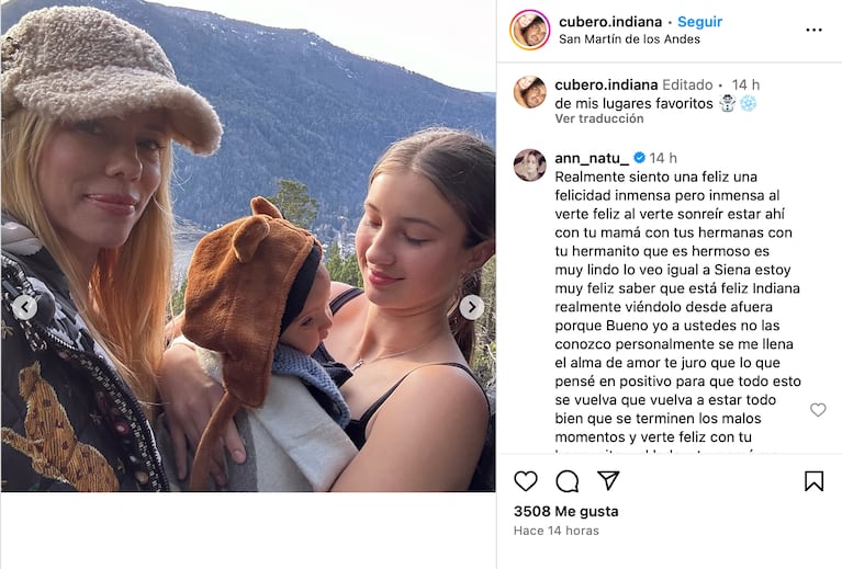 La foto que compartió Indiana Cubero de su viaje con Nicole Neumann, en la que dejó ver el rostro de Cruz. Fuente: Imagen subida a Instagram por Indiana Cubero.