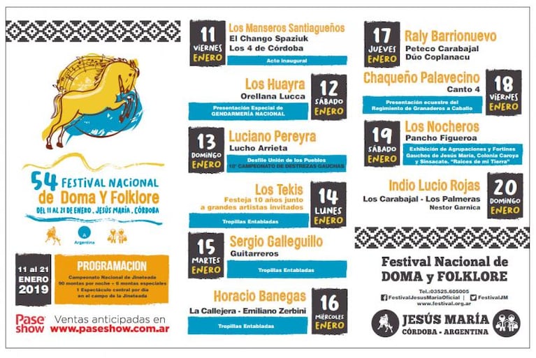 La grilla de artistas que se presentarán en el Festival de Jesús María 2019