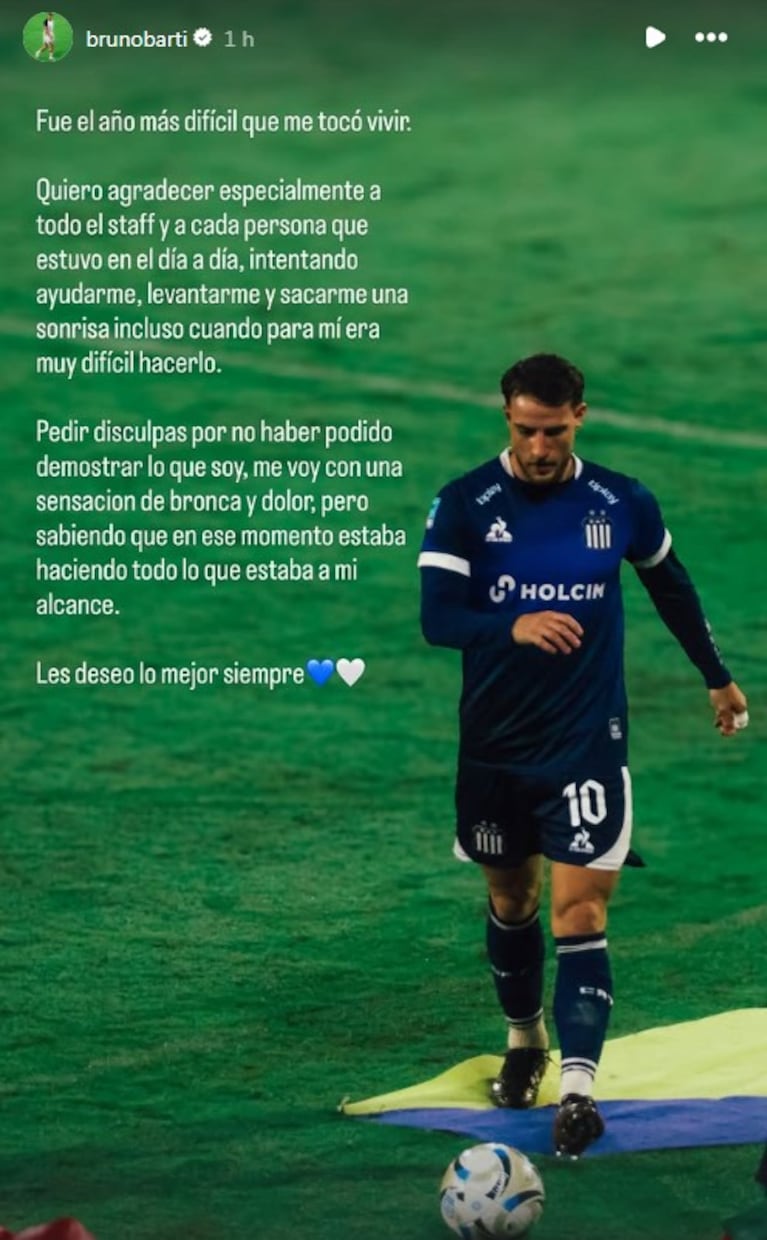La historia de Instagram de despedida de Barticciotto tras su salida de Talleres.