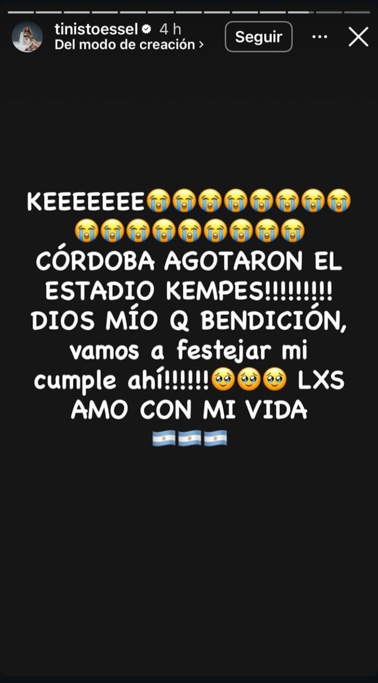 La historia de Tini en Instagram.