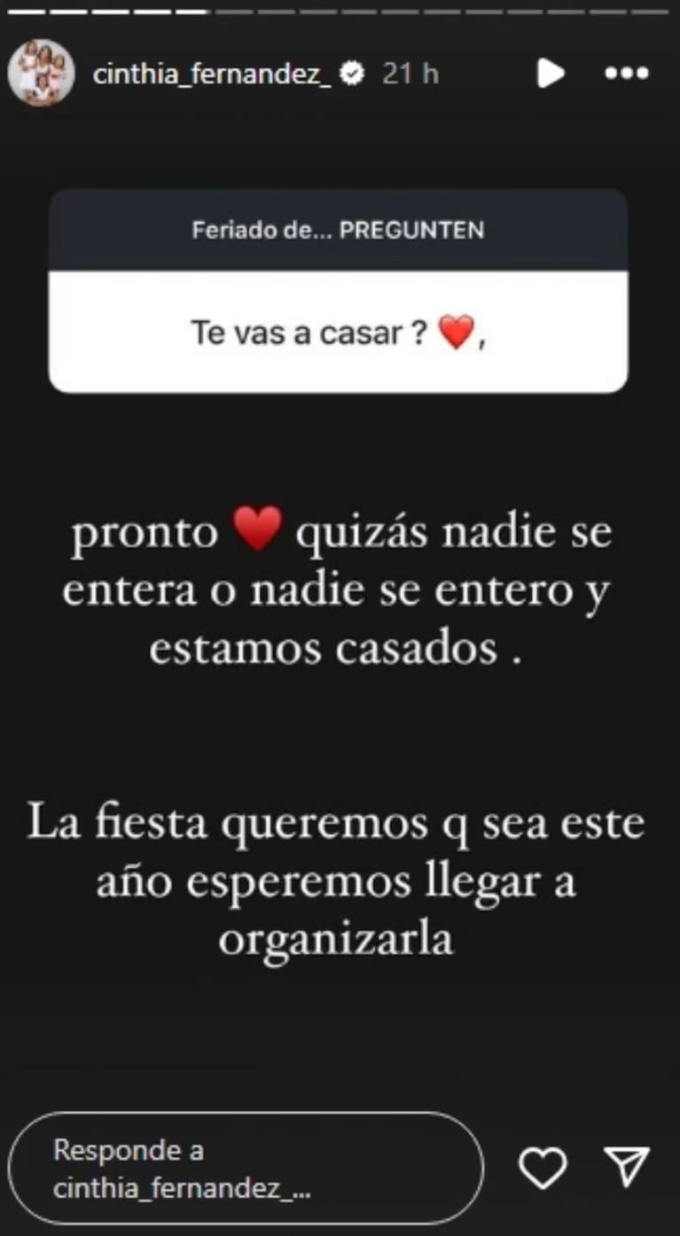 La influencer dio más dudas que certezas sobre su casamiento con Roberto Castillo. (Foto/Instagram @cinthia_fernandez) 

