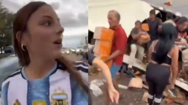 La influencer filmó el saqueo y robó botellas de aceite de oliva.