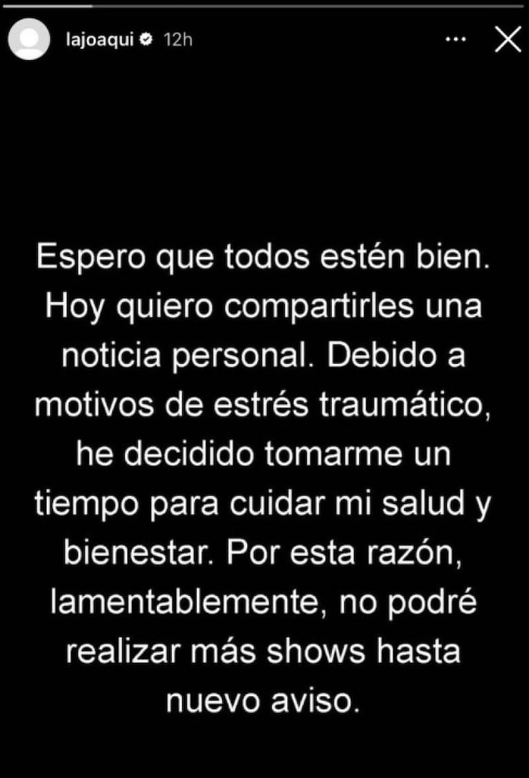 La Joaqui explicó su retiro de los escenarios con un preocupante mensaje 
