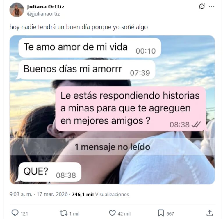 La joven publicó el chat con su novio en X.