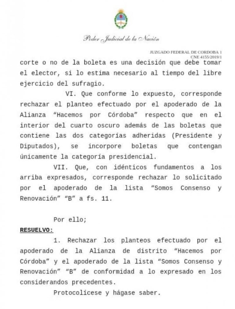 La Justicia Federal rechazó el pedido de Hacemos por Córdoba de incluir boletas individuales