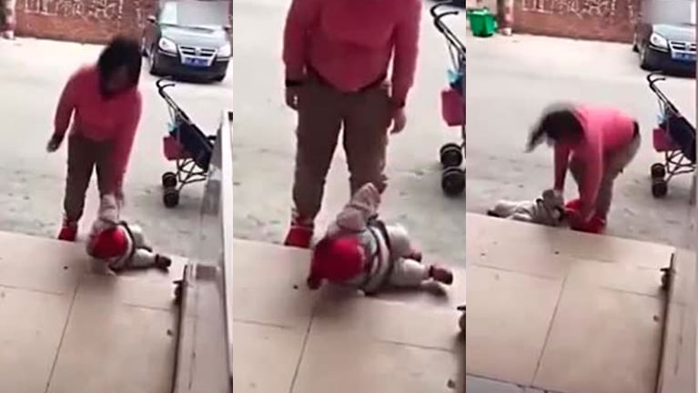 La madre tiró al piso y pateó a su beba.