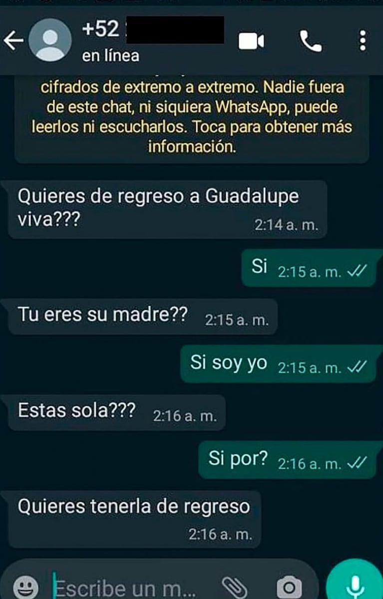 La mamá de Guadalupe escuchó la voz de su hija en una llamada y recibió un mensaje misterioso