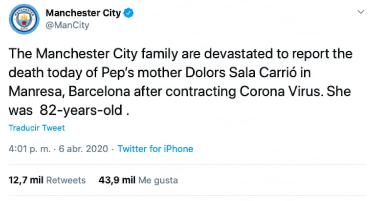 La mamá de Pep Guardiola murió por coronavirus en España