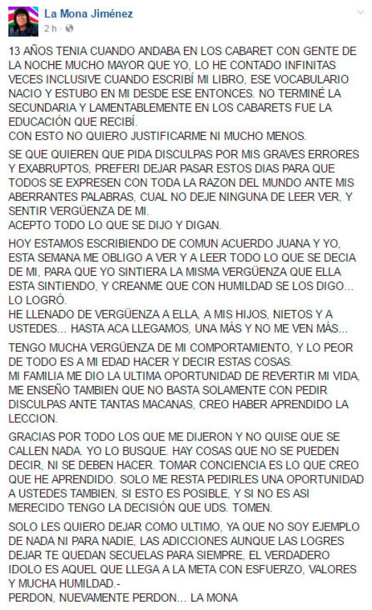 La Mona pidió perdón: "Llené de vergüenza a mi familia"