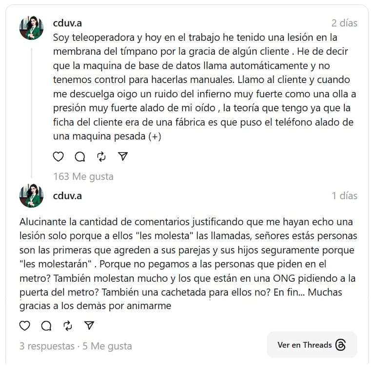 La mujer contó lo que le hizo el cliente. Imagen subida a Threads por @cduv.a.