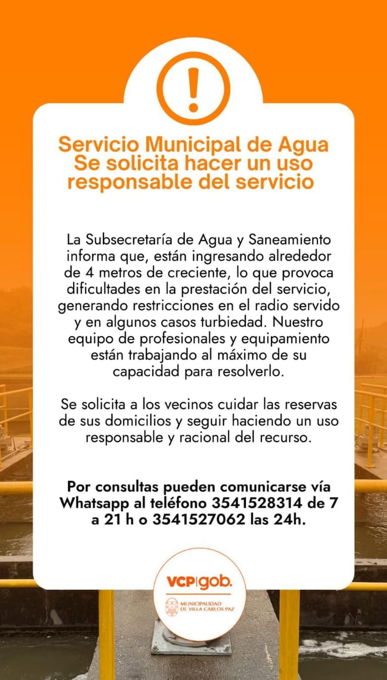 La Municipalidad de Carlos Paz advirtió sobre un uso responsable del agua.