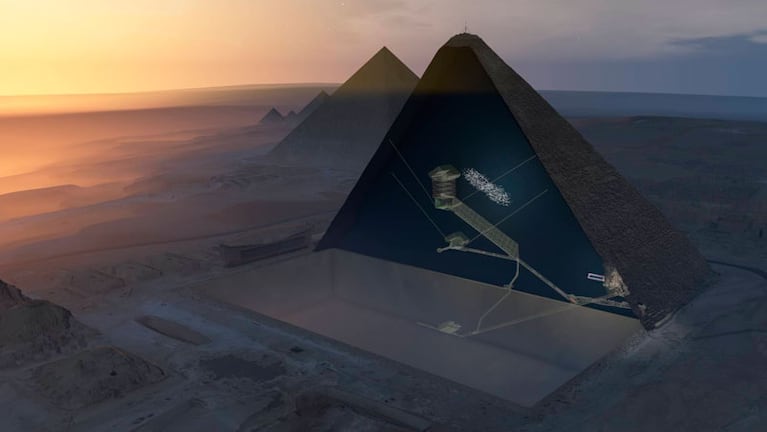 La nueva cámara situada en la parte superior aparece como una zona punteada en la pirámide de Keops.