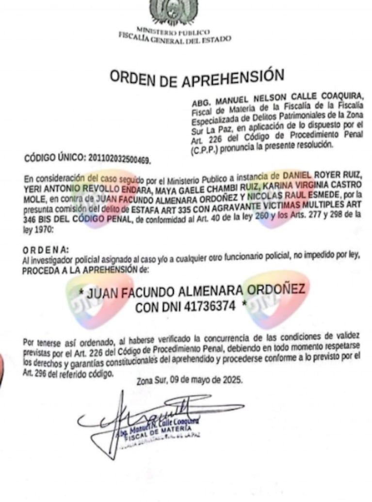 La orden de aprehensión contra Luck Ra en Bolivia.