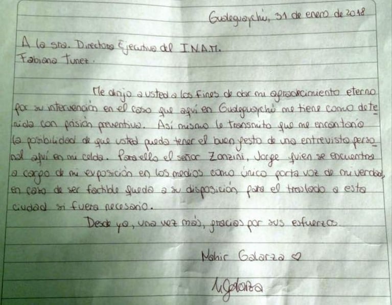 La polémica carta de Nahir Galarza desde la cárcel