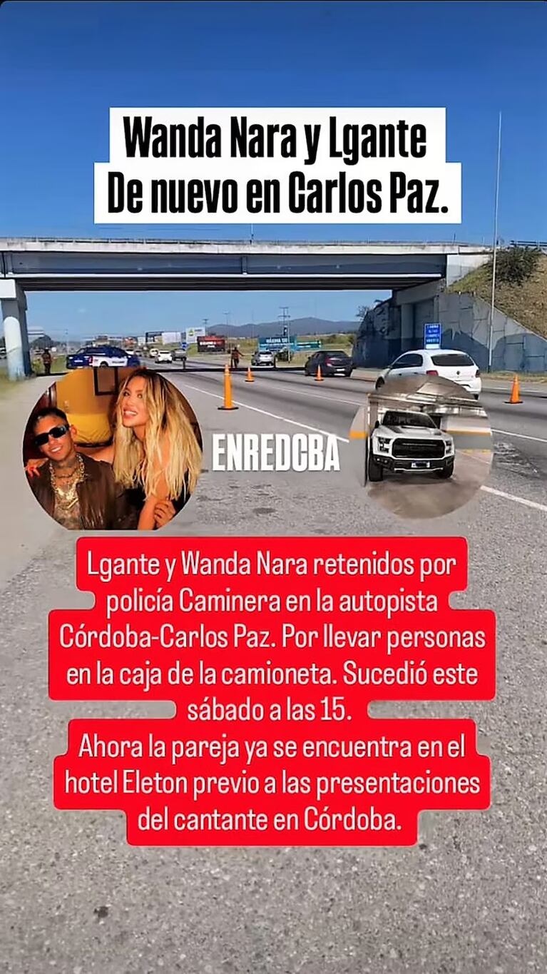 La Policía caminera de Córdoba demoró a L-Gante y a Wanda Nara 