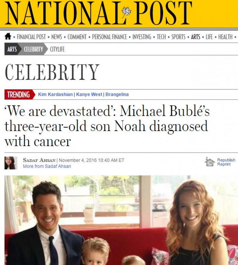 La prensa canadiense se hizo eco de la salud del hijo de Lopilato y Bublé