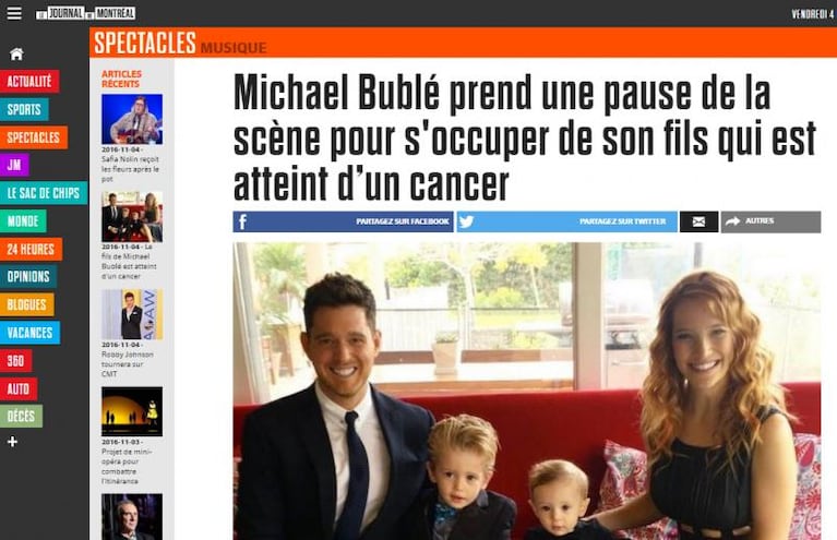 La prensa canadiense se hizo eco de la salud del hijo de Lopilato y Bublé