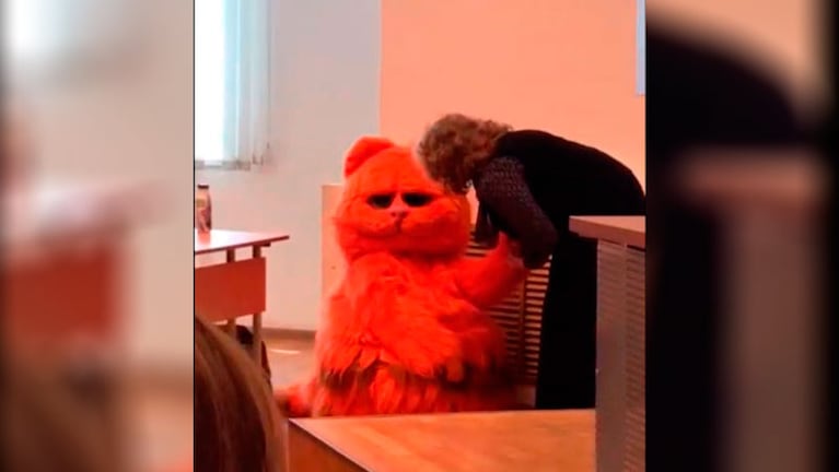 La profesora no pudo resistirse al Garfield gigante.