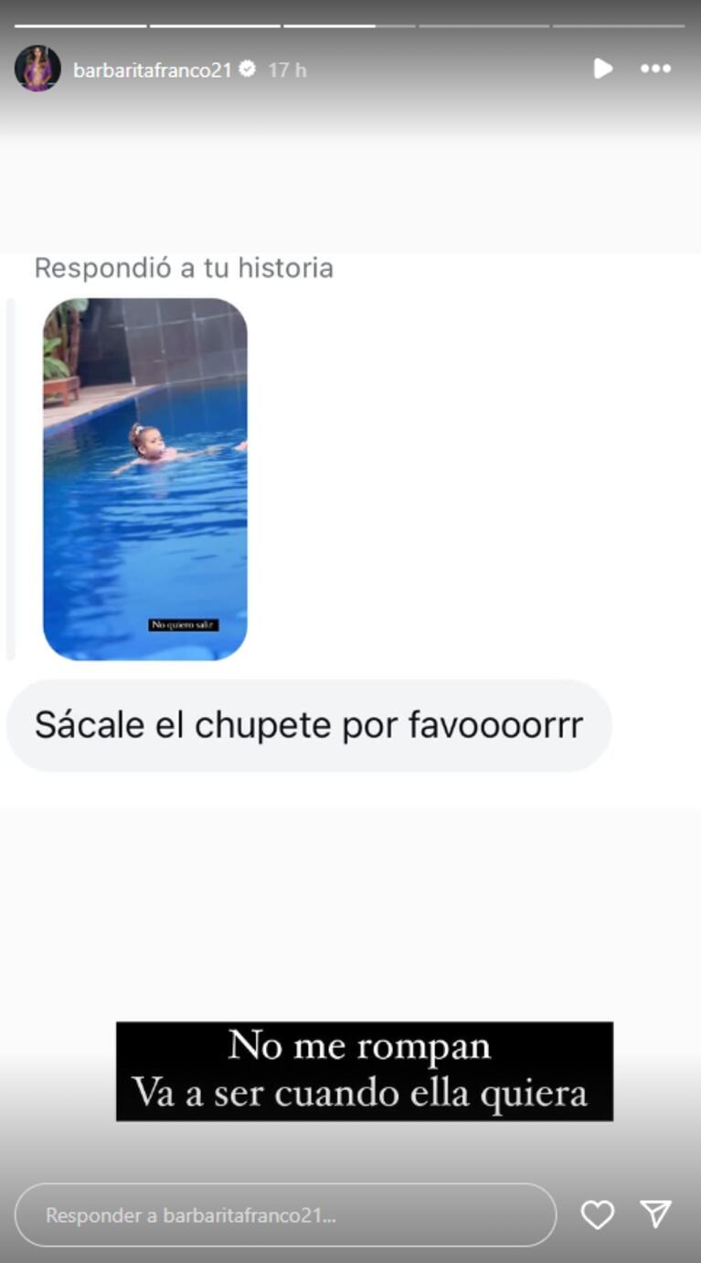 La reacción de Barby Franco cuando una usuaria la cuestionó porque su hija Sarah usa chupete (Foto: Instagram /barbaritafranco21)