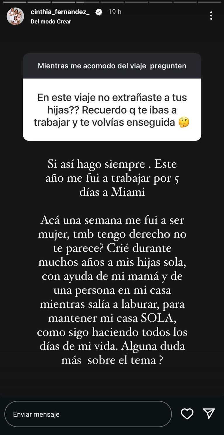 La reacción de Cinthia Fernández a las críticas por su viaje a solas. (Foto: Instagram/cinthia_fernandez_)