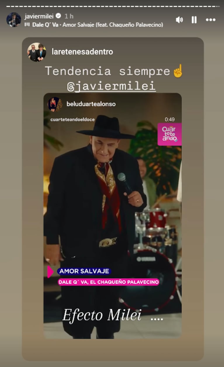 La reacción de Javier Milei al estreno de Dale Q' Va y El Chaqueño Palavecino.